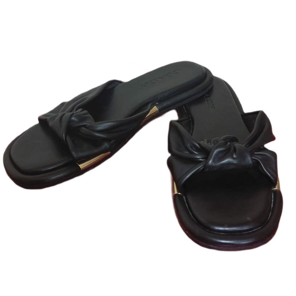 Coach Black Leather Knot Slide Sandals with Gold Accents